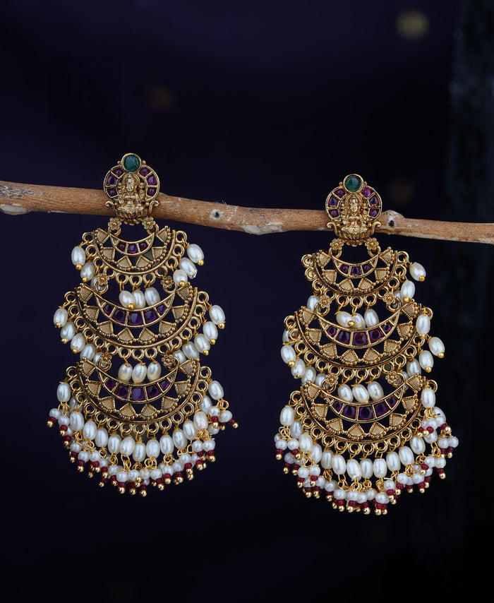 Premium antique gold temple inspired layerwd  rice pearl hanging jhumka product code E192