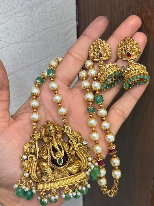Premium antique gold pearl finish short haram with jhumka product code H21
