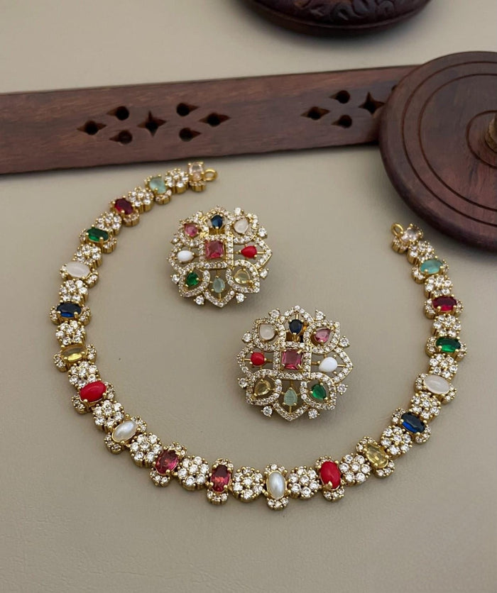 Premium ad navaratna necklace with stud product code Ad30