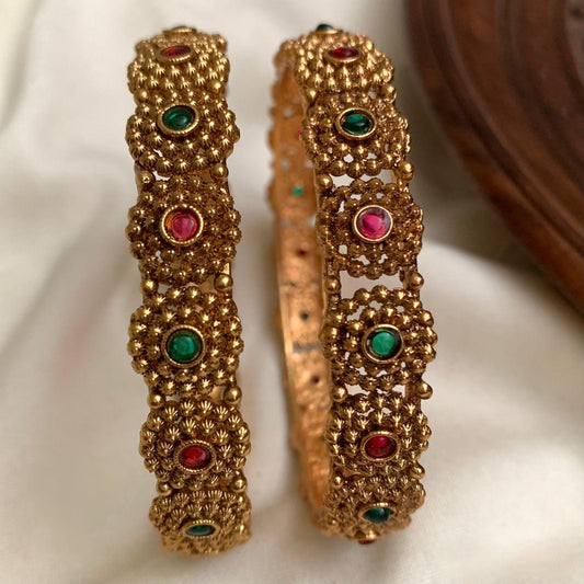 Premium antique gold floral multi color bangles pair product code B121