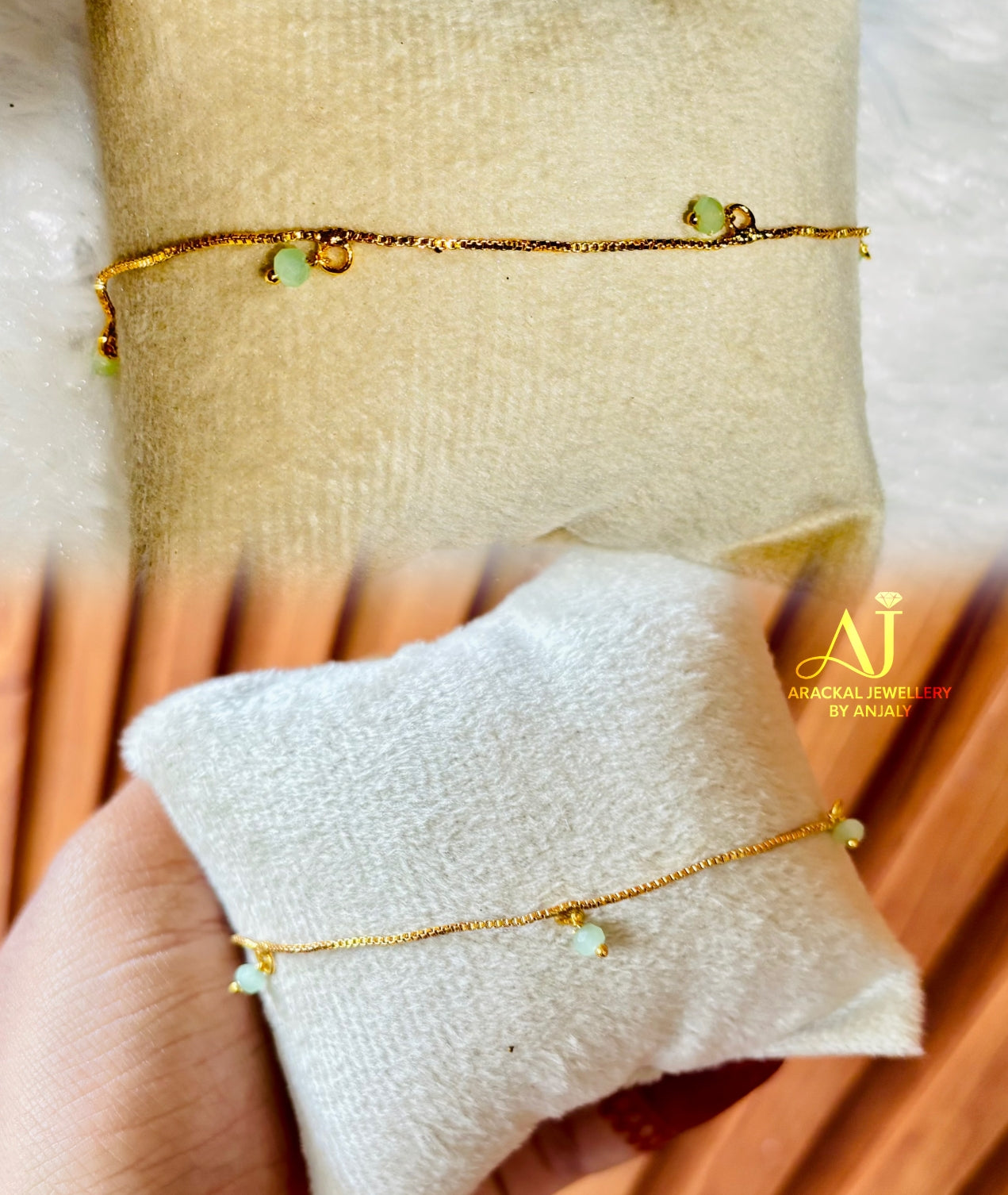 Gold plated adjustable mint green beads hanging bracelet product code B66
