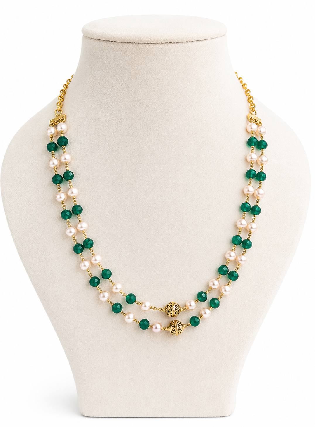 Premium double-layer emerald and pearl chain features intricate gold-plated filigree beads product code P114