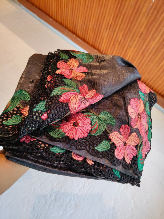 Premium full black tissue saree with cutwork floral border