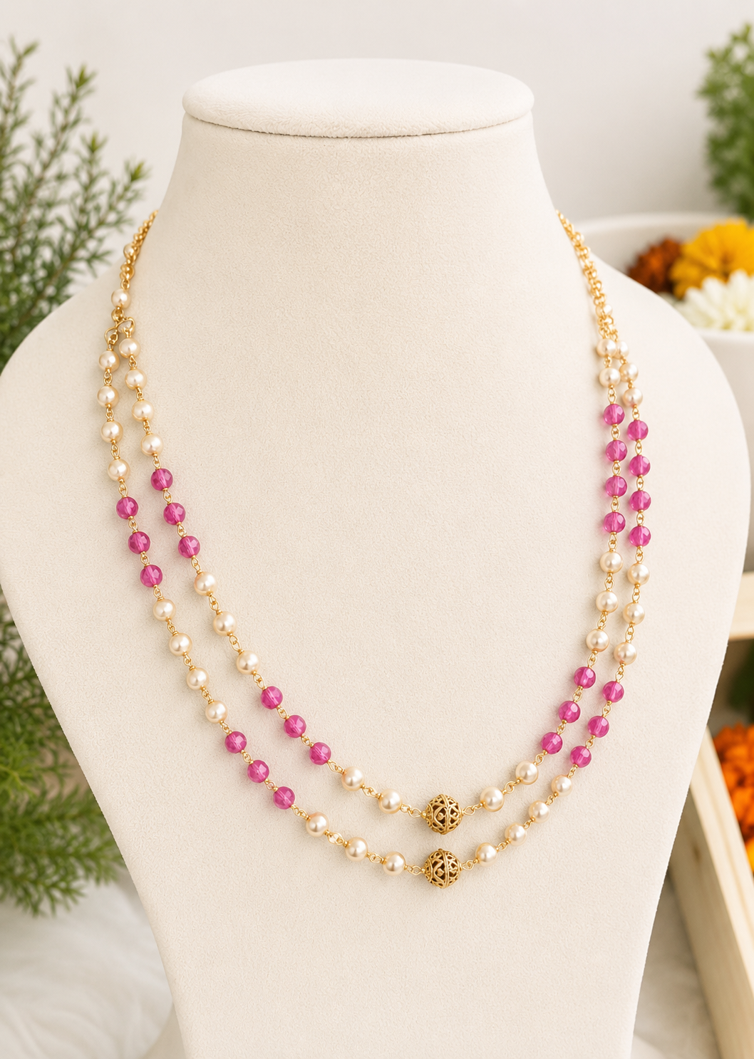Premium two layers of gold-plated chains adorned with pearls and pink ruby-like beads product code P113