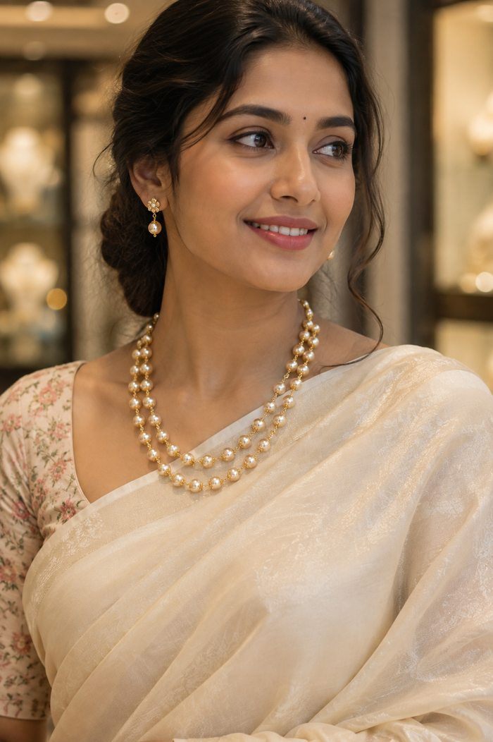 Premium traditional Hyderabad-style pearl necklace features two layers of lustrous white pearls accented by intricate gold-plated beads product code P112
