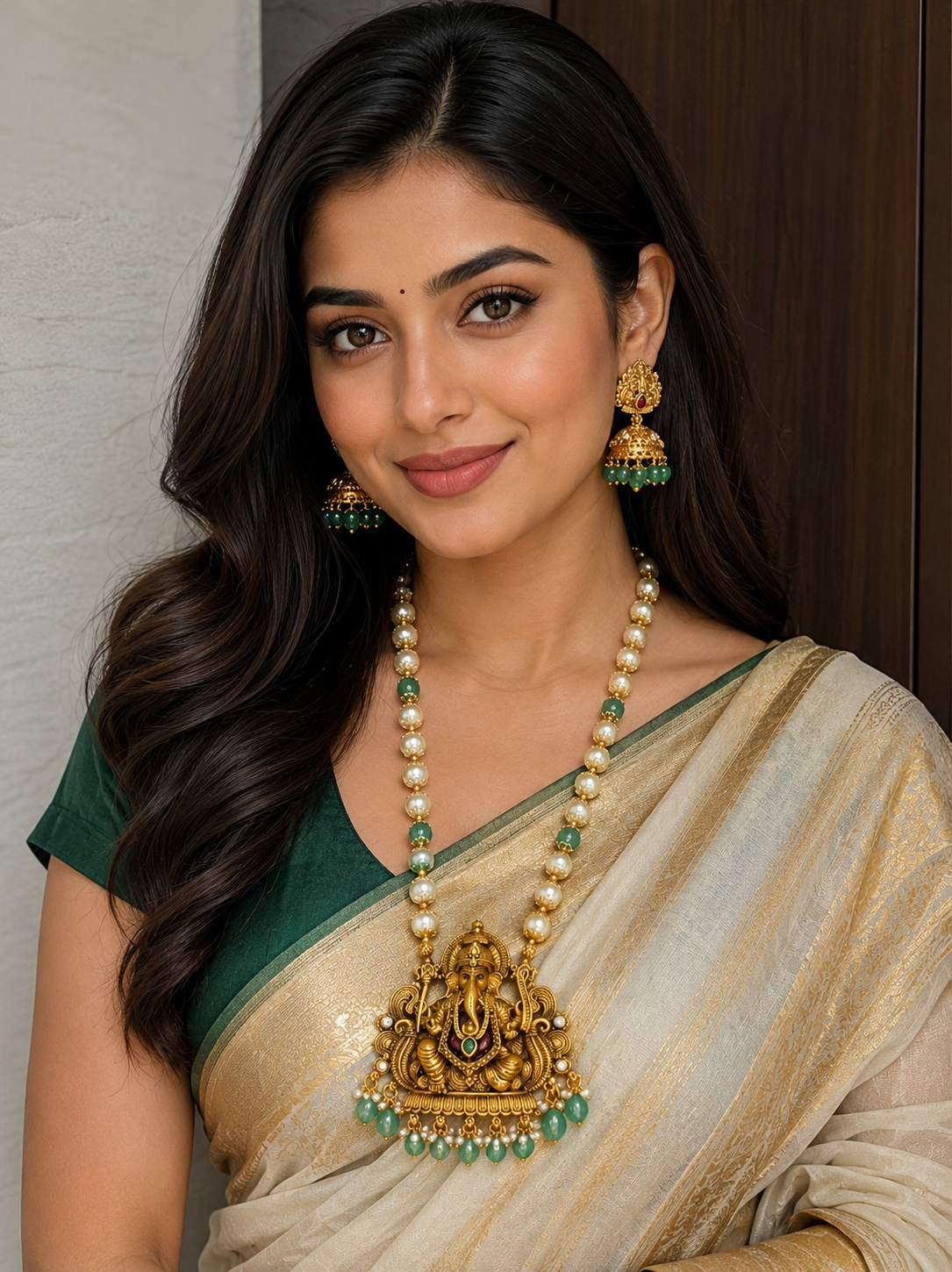 Premium antique gold pearl finish short haram with jhumka product code H21