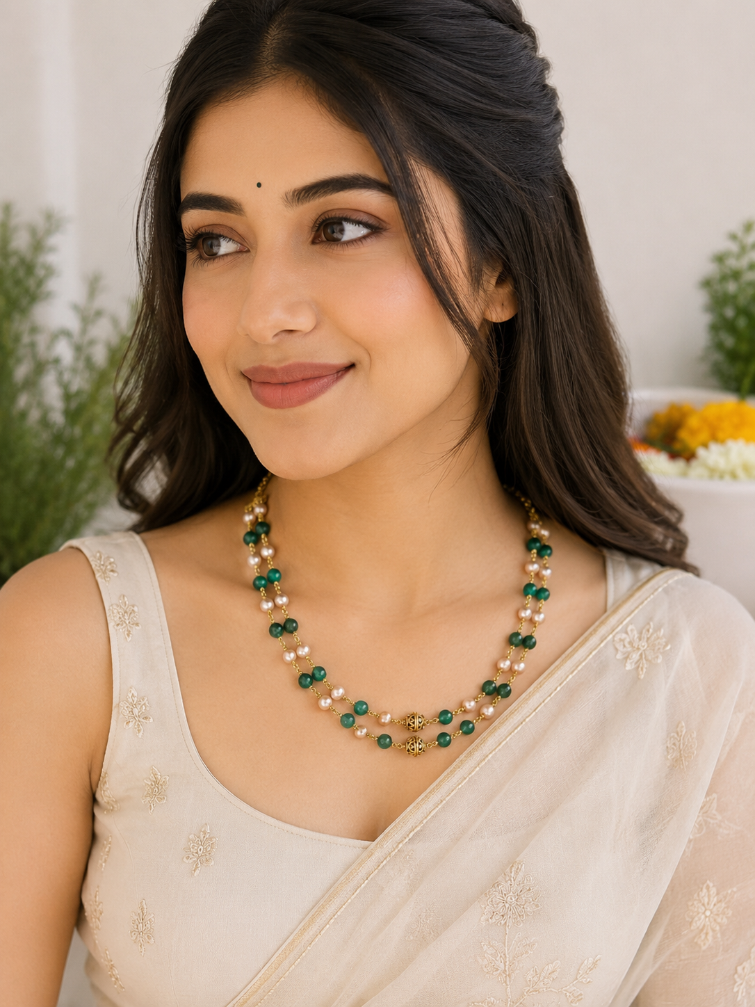 Premium double-layer emerald and pearl chain features intricate gold-plated filigree beads product code P114