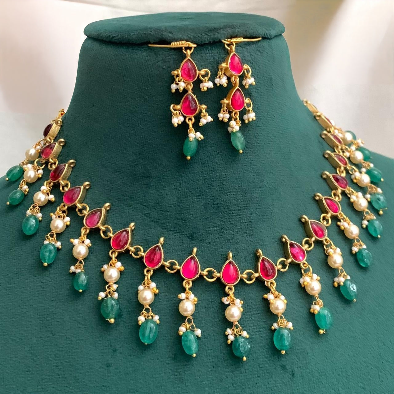 Premium trending jadau kundan  ruby stone with green beads and pearl drops necklace with earings product code T90