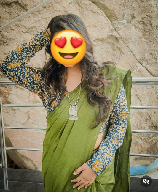 Pure khadi cotton saree with stiched full sleeve ajarkh print blouse