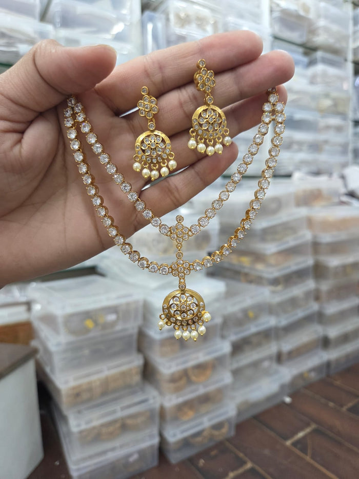 Premium gold plated double layer cz Attigai-style necklace set product code Ad32