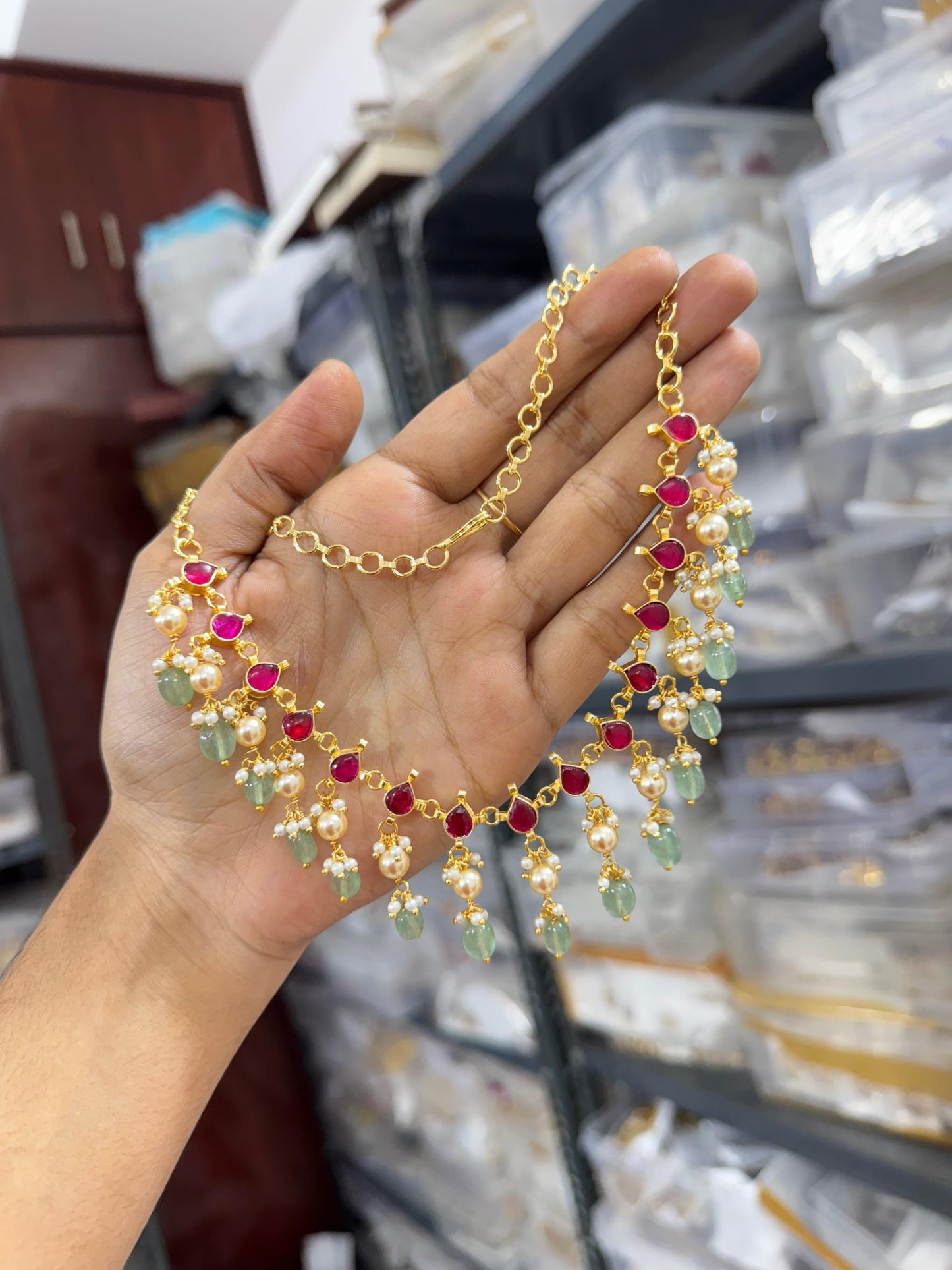 Premium trending bridal strawberry stone pearl beads hanging necklace product code   365