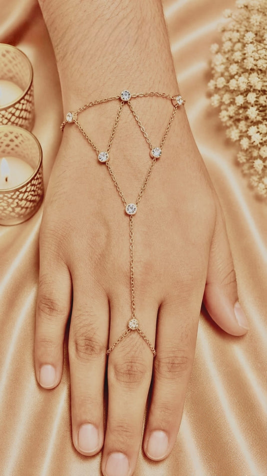 Premium gold-toned YANCHUN hand chain features delicate bezel-set rhinestones arranged in a geometric, tiered pattern product code R58