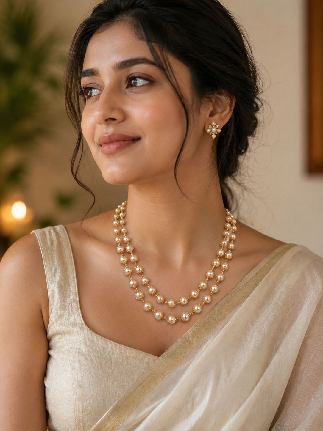 Premium traditional Hyderabad-style pearl necklace features two layers of lustrous white pearls accented by intricate gold-plated beads product code P112