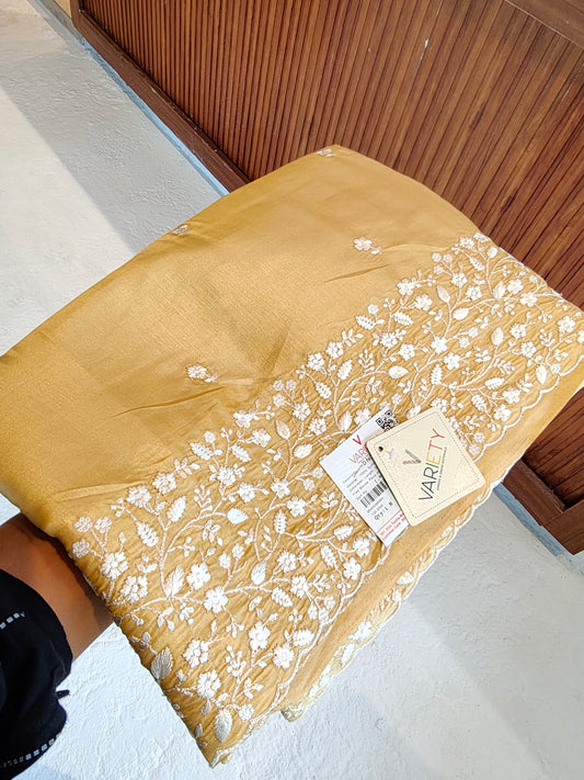 Premium quality mustard yellowe with full  white thread embroidery in borders