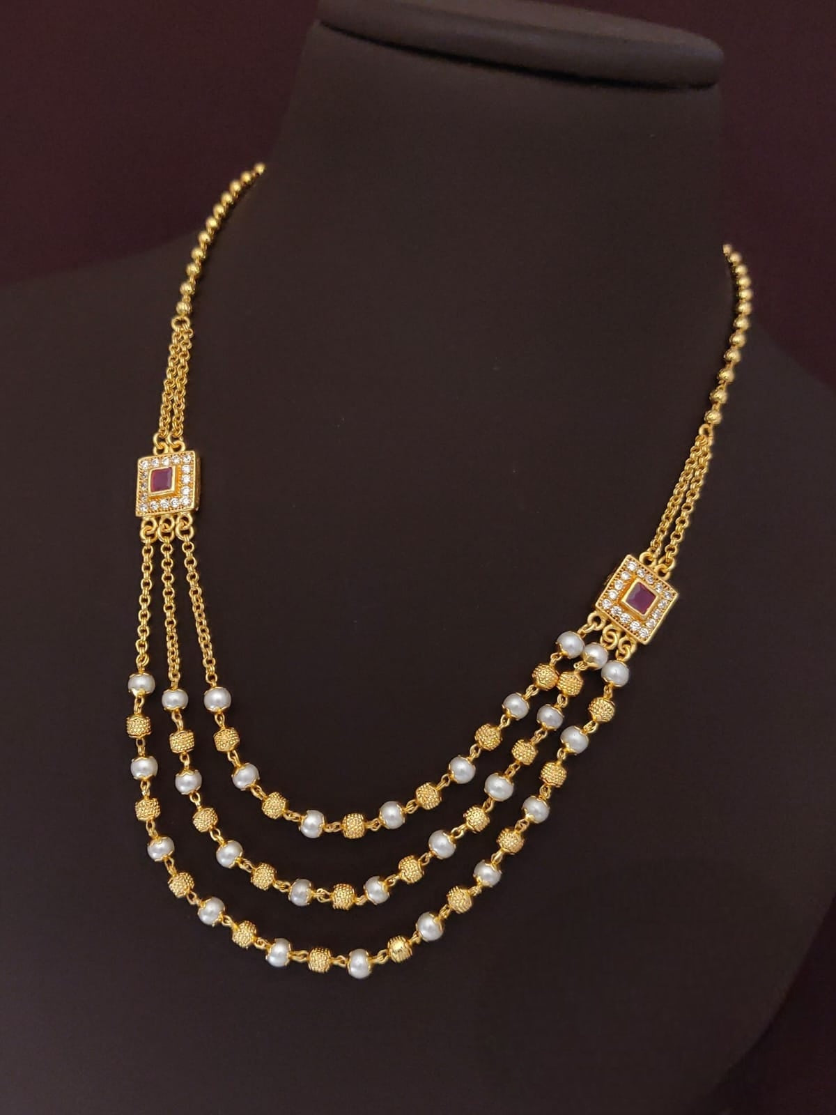Premium gold plated 3layer pearl golden ball designer necklace product code T77