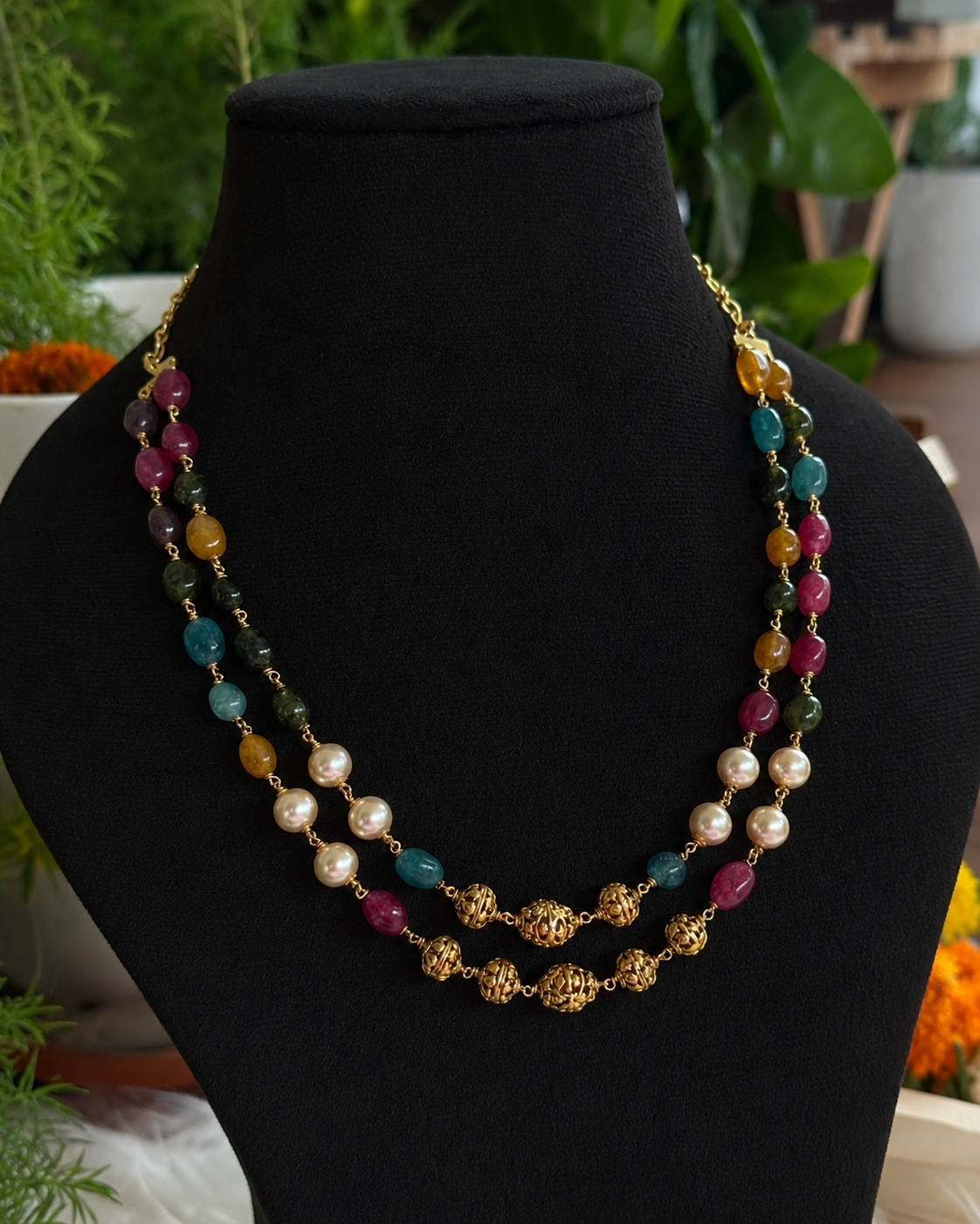 Premium sparkling Swarovski crystals and luxurious Hyderabad pearls 2layer necklace product code P111
