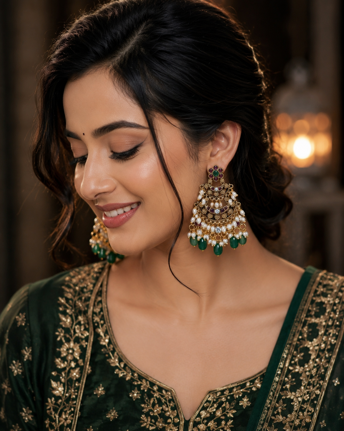 Premium antique gold Beautiful pearl & stone jhumka, perfect for every traditional look product code E193