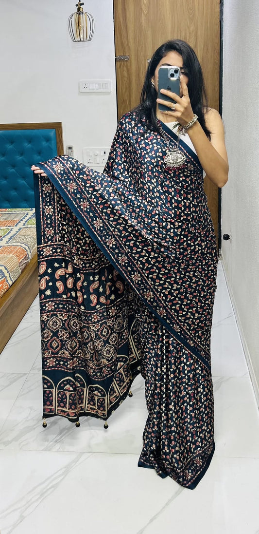 Semi gaji ajarkh semi silk saree with running blouse