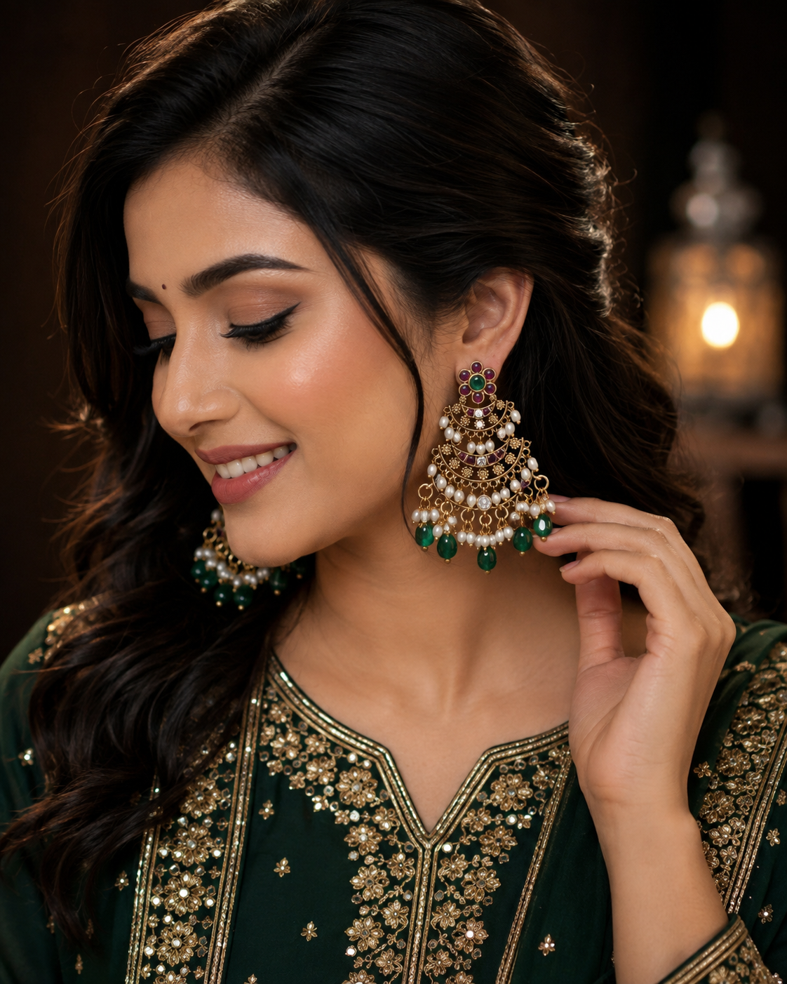 Premium antique gold Beautiful pearl & stone jhumka, perfect for every traditional look product code E193