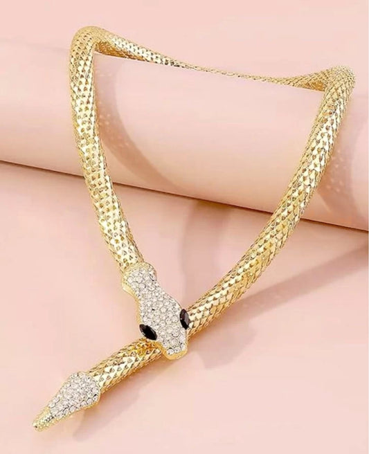 Stylish trending Gold plated Rhinestone stone studded decor snake design necklace