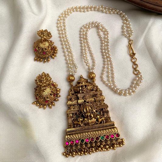 Premium antique mahalakshmi devi temple pendant 3layer pearl chain with jhumka product code T43