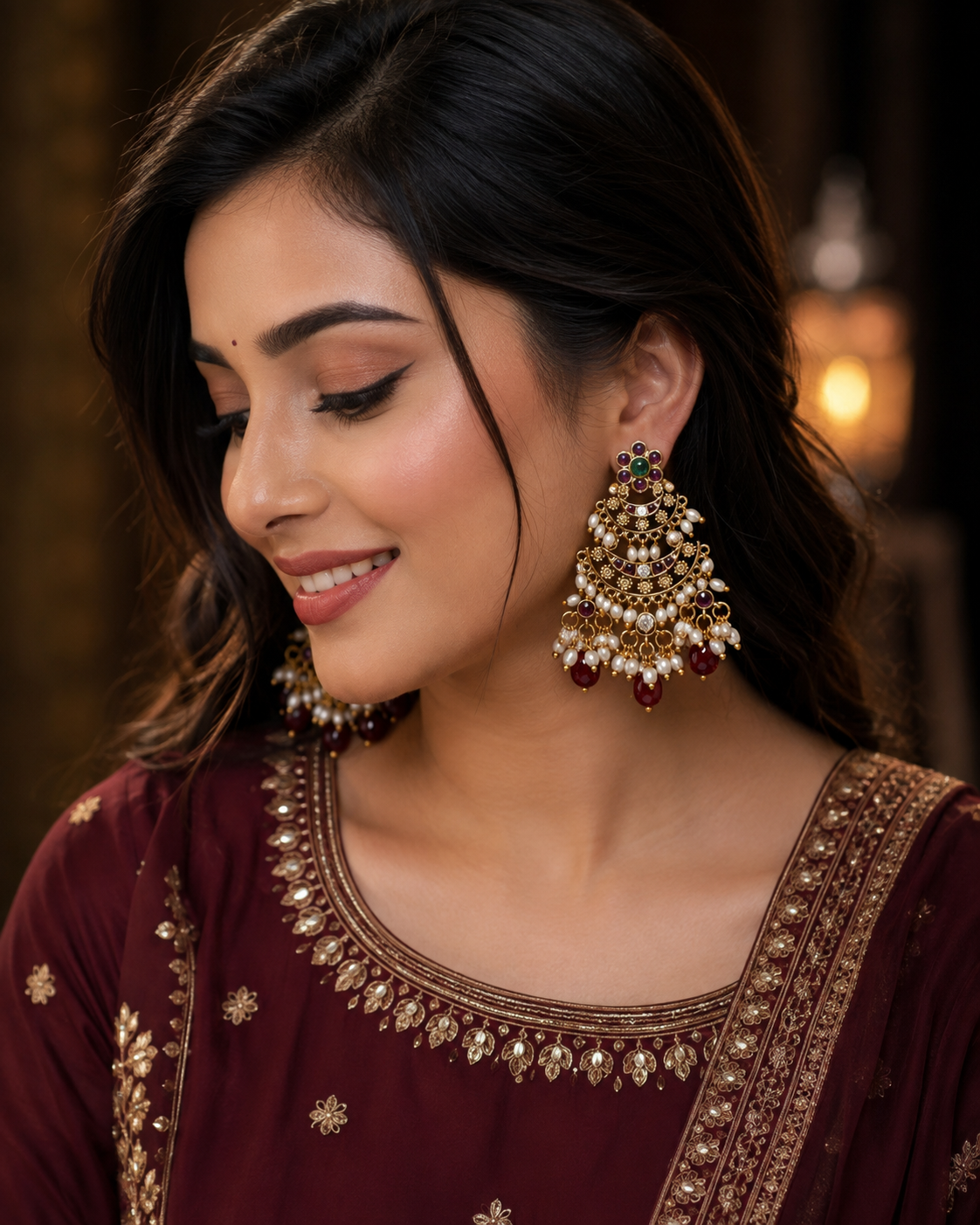 Premium antique gold Beautiful pearl & stone jhumka, perfect for every traditional look product code E193