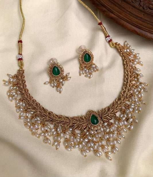 Premium antique gold polish stylish rice pearls necklace product code N71