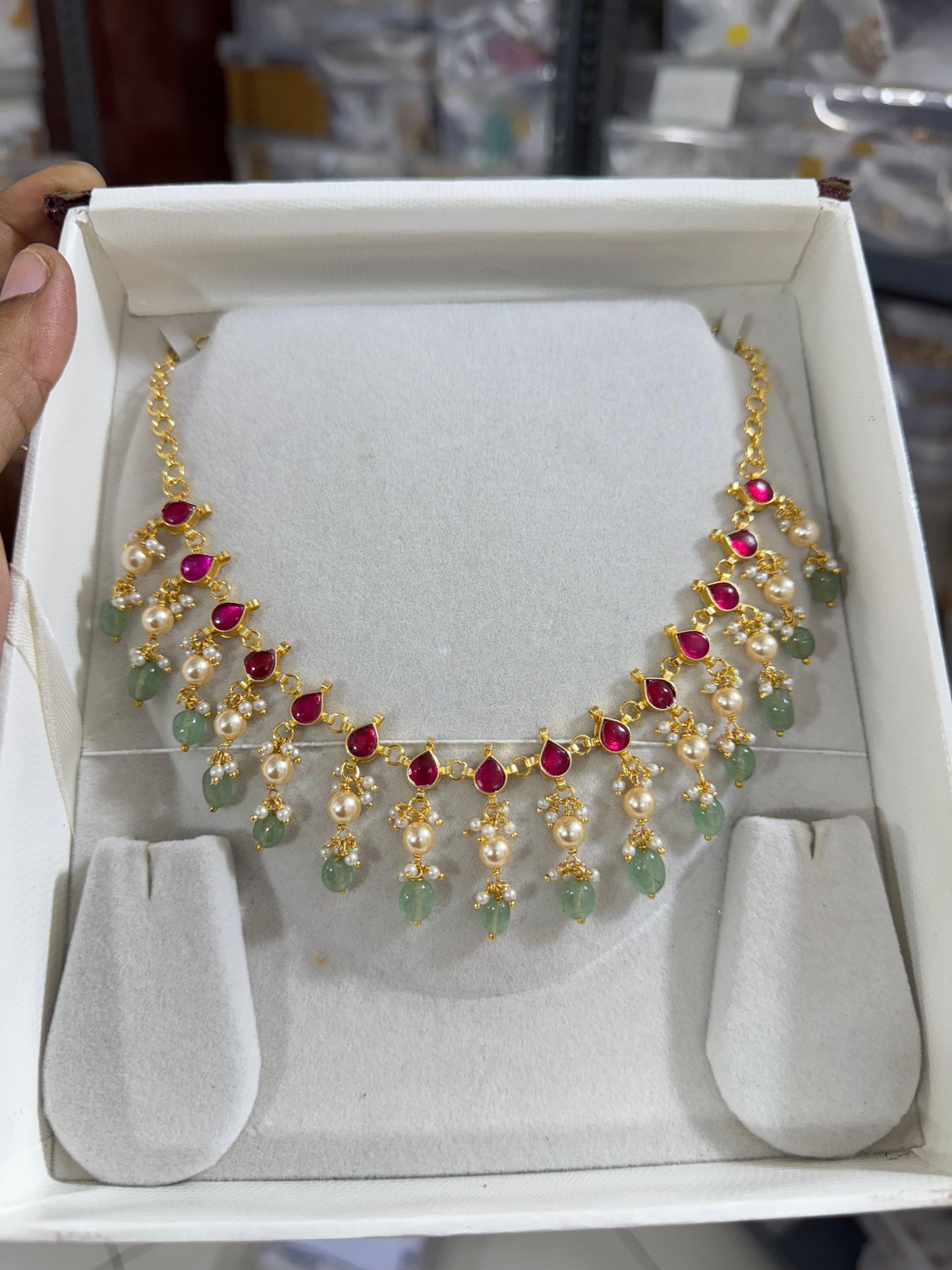 Premium trending bridal strawberry stone pearl beads hanging necklace product code   365