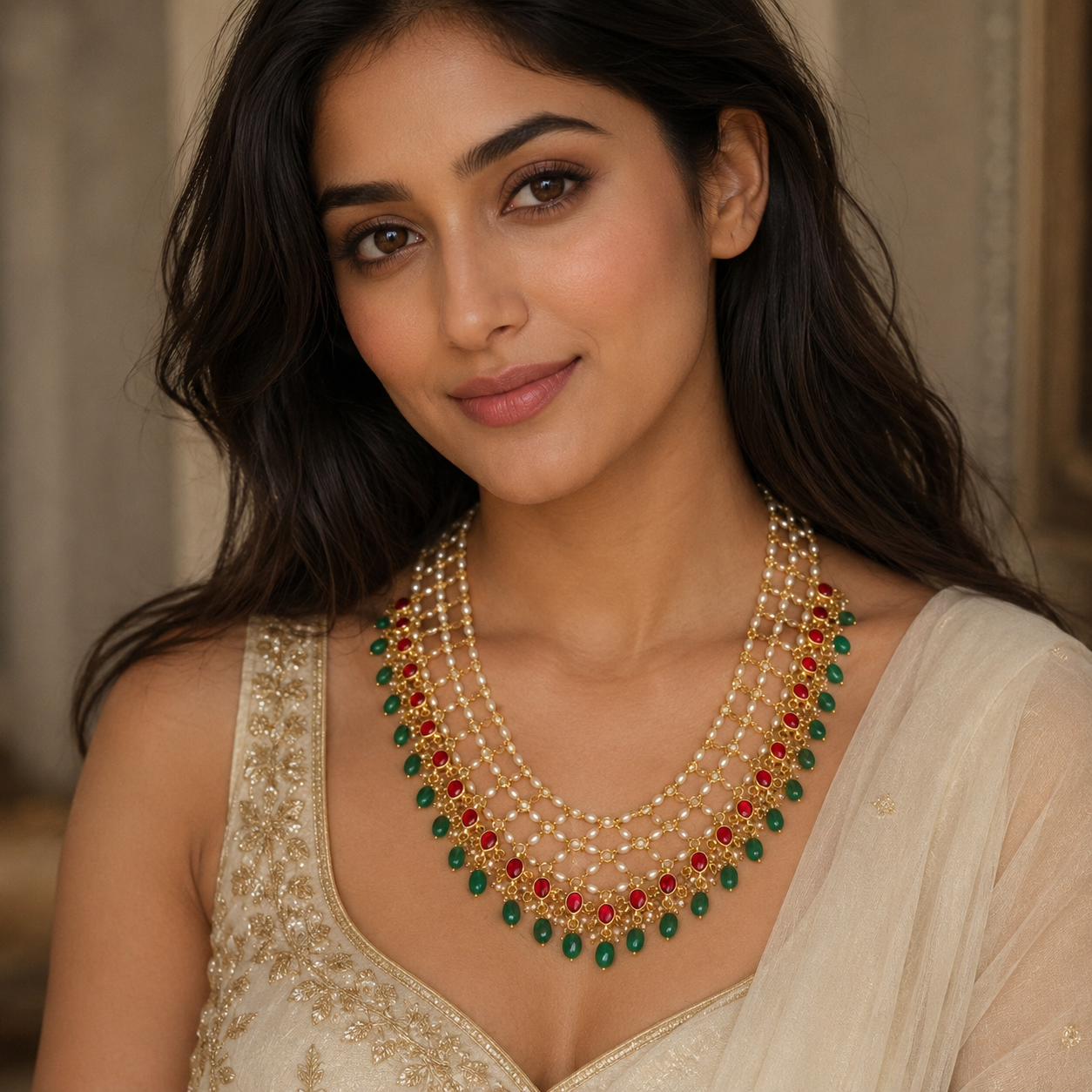 Premium kemp pearl ruby green drop hanging necklaceproduct code D210