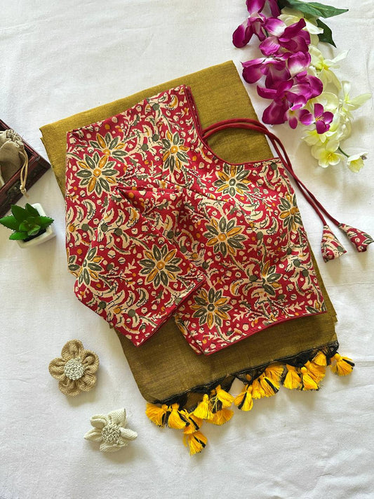 Pure khadi cotton saree with readymade full sleeve ajarkh print blouse