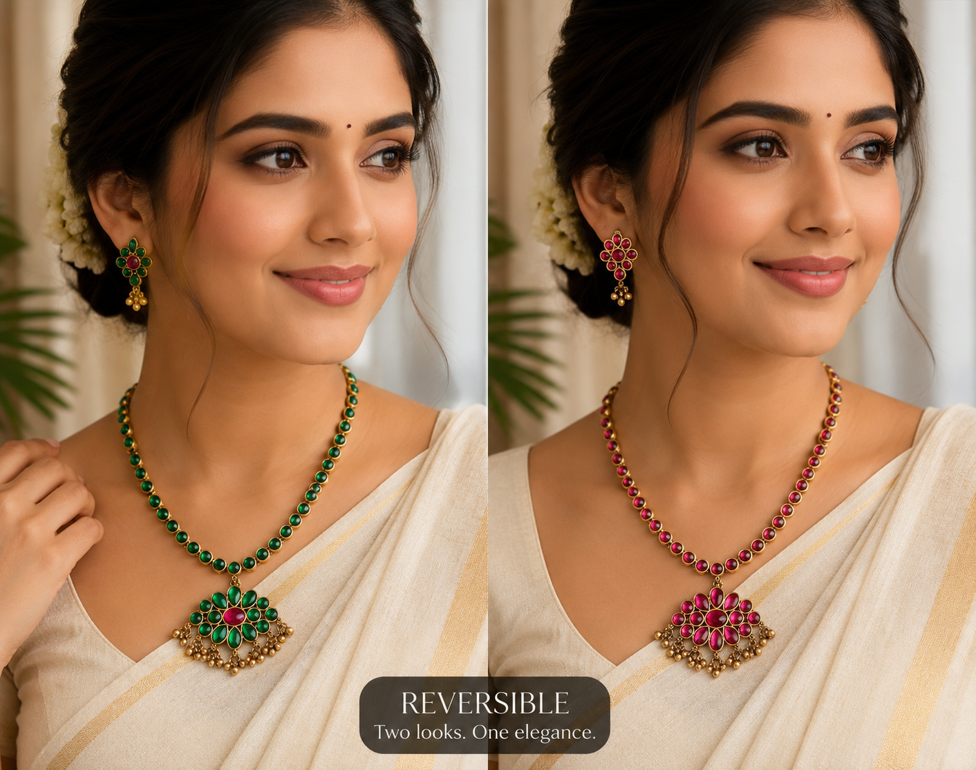 Premium reversible necklaces are traditional Attigai sets made with Kemp stones.They feature a dual-tone design, allowing you to switch between red and green stone sides product code T118