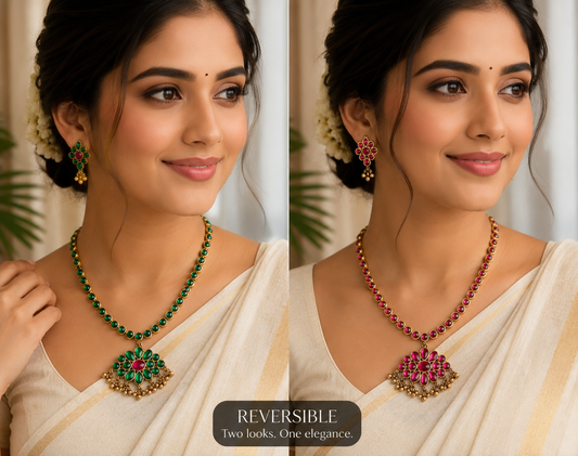 Premium reversible necklaces are traditional Attigai sets made with Kemp stones.They feature a dual-tone design, allowing you to switch between red and green stone sides product code T118