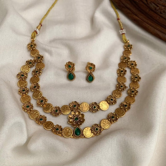Premium antique gold-plated Lakshmi coin/kasu 2layer necklace set features detailed goddess motifs accented with red/green stones product code T114