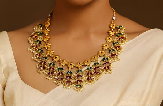 Premium floral matte finish pearl hanging designer necklace product code N100