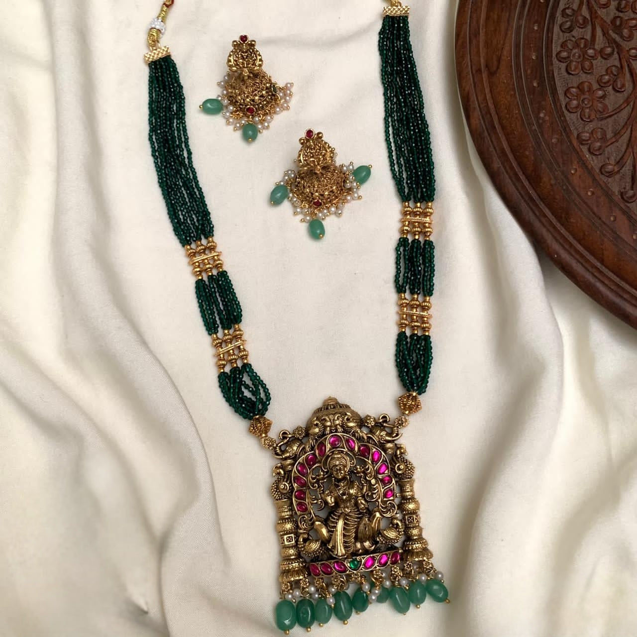 Premium quality green beads long lakshmi Devi haram product code T30