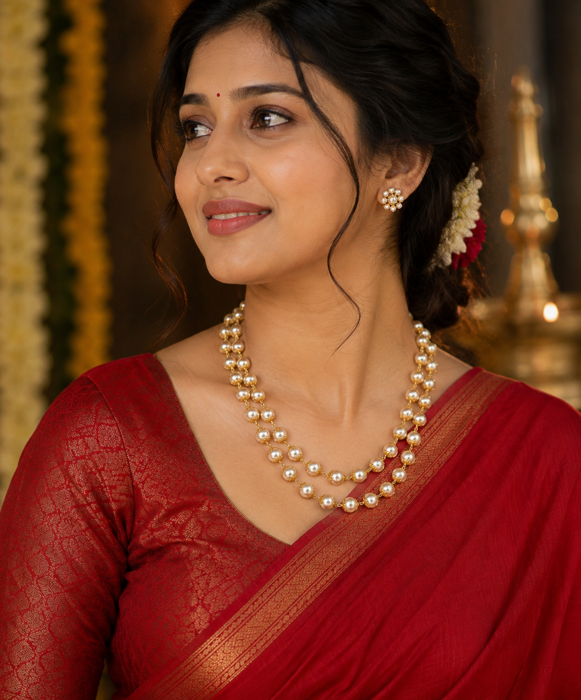 Premium traditional Hyderabad-style pearl necklace features two layers of lustrous white pearls accented by intricate gold-plated beads product code P112