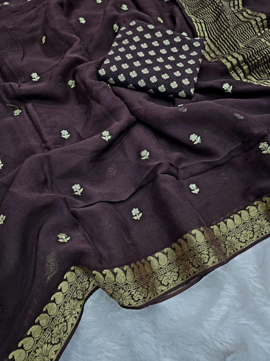 Viscous Chinon Saree Mult Sequence Embroidery Work Saree With Banarsi Silk Blouse piece