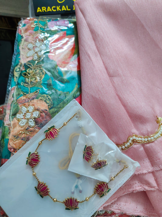 Manjuwarrior inspired handwork  saree with handwork blouse with free lotus trending necklace