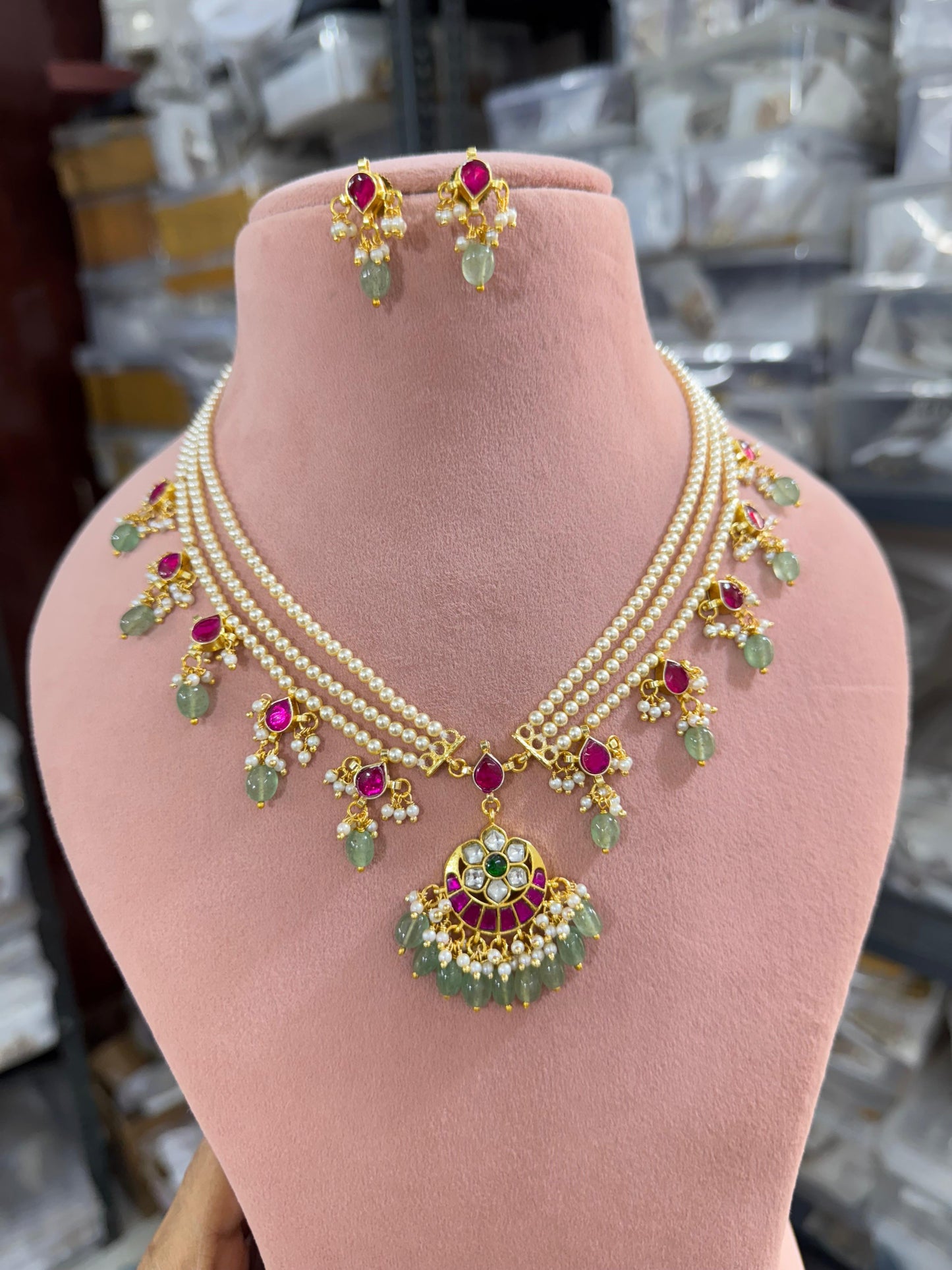 Premium handmade precious pearls layered and beads hanging necklace with earings product code d187
