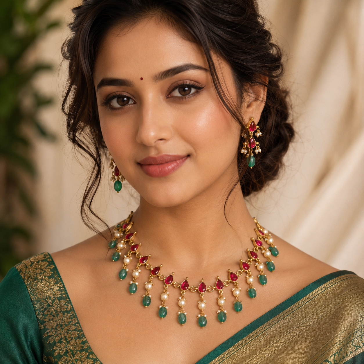 Premium trending jadau kundan  ruby stone with green beads and pearl drops necklace with earings product code T90