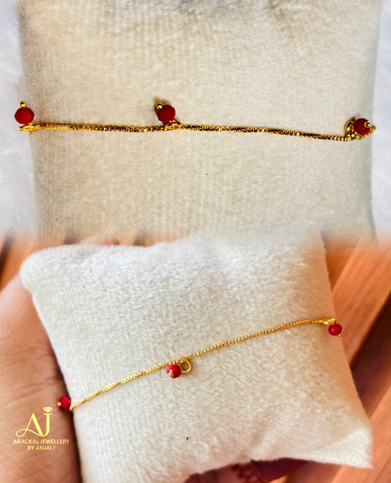 Gold plated red beads hanging adjustable bracelet product code B67