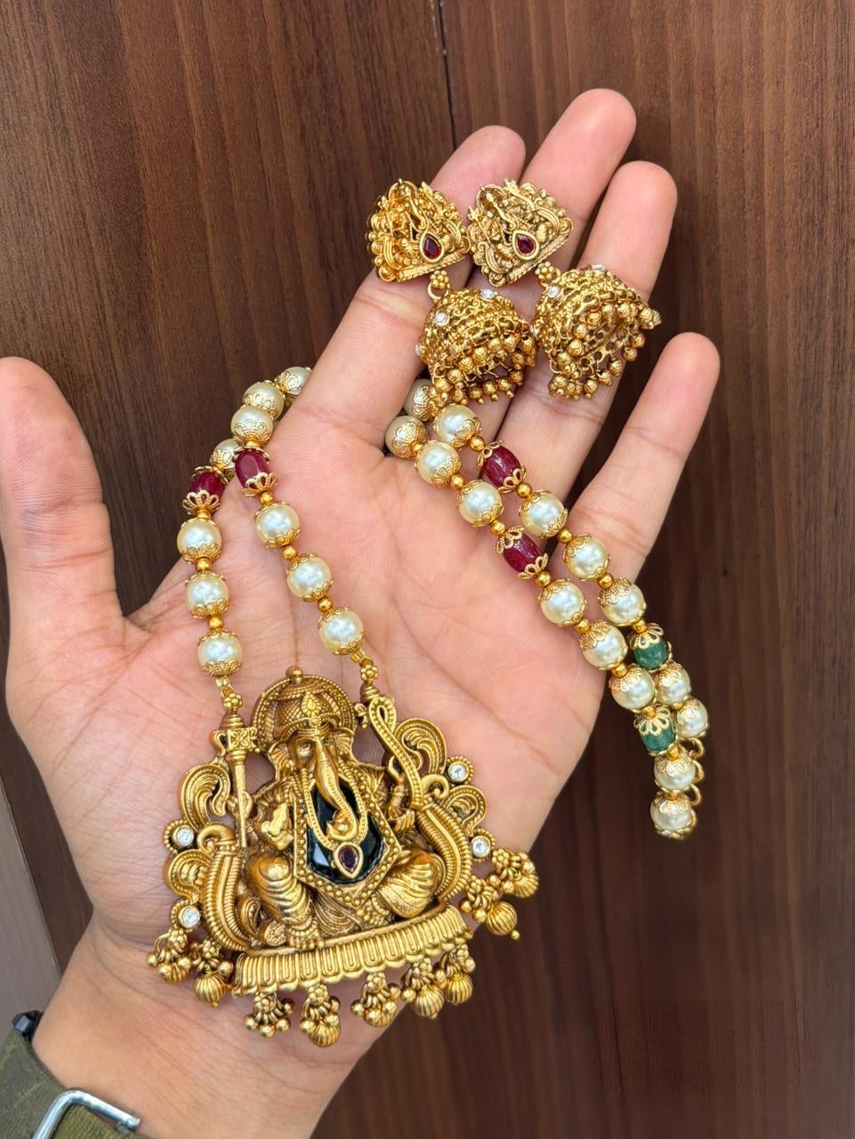 Premium antique gold pearl finish short haram with jhumka product code H21