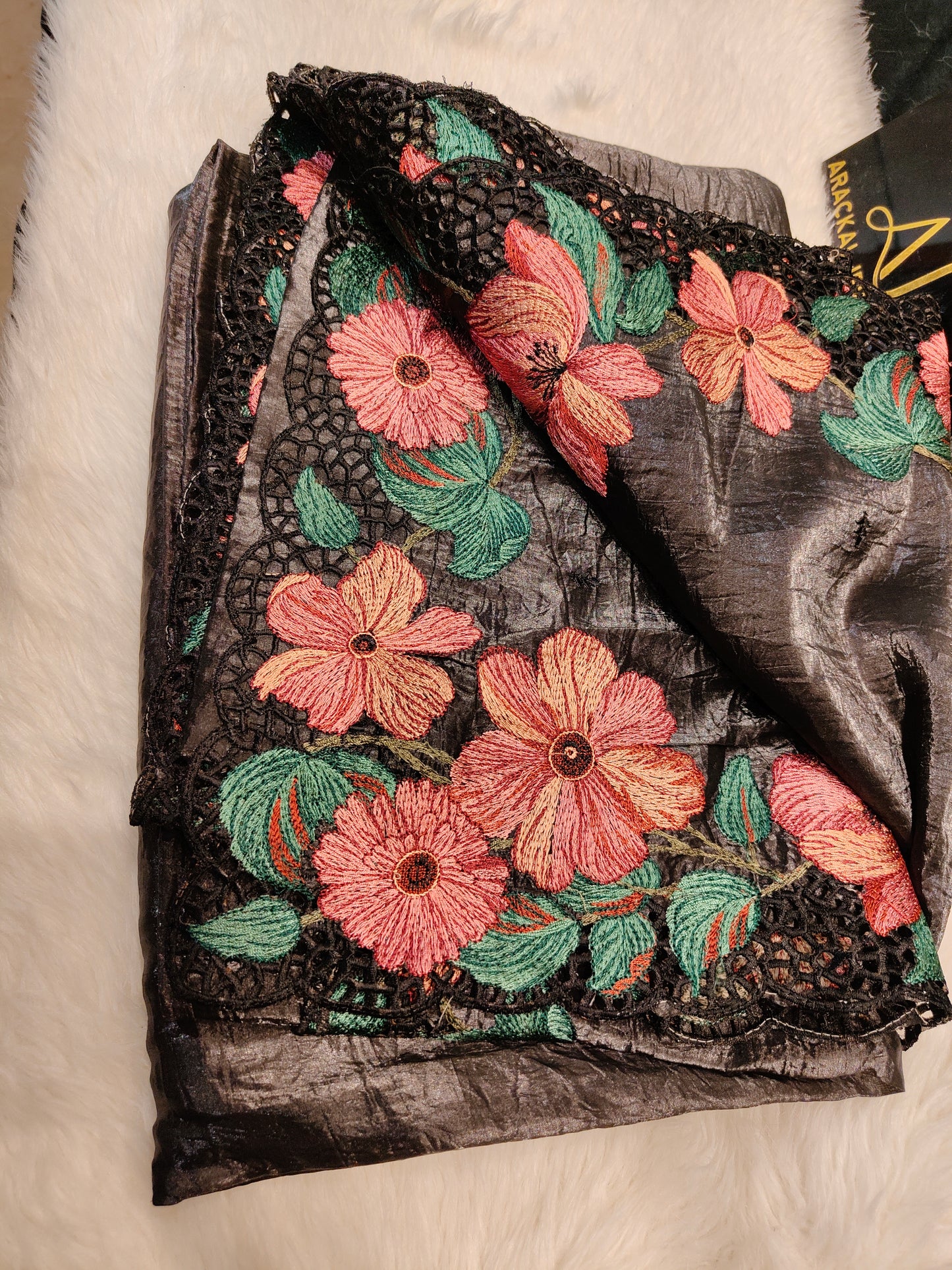 Premium full black tissue saree with cutwork floral border